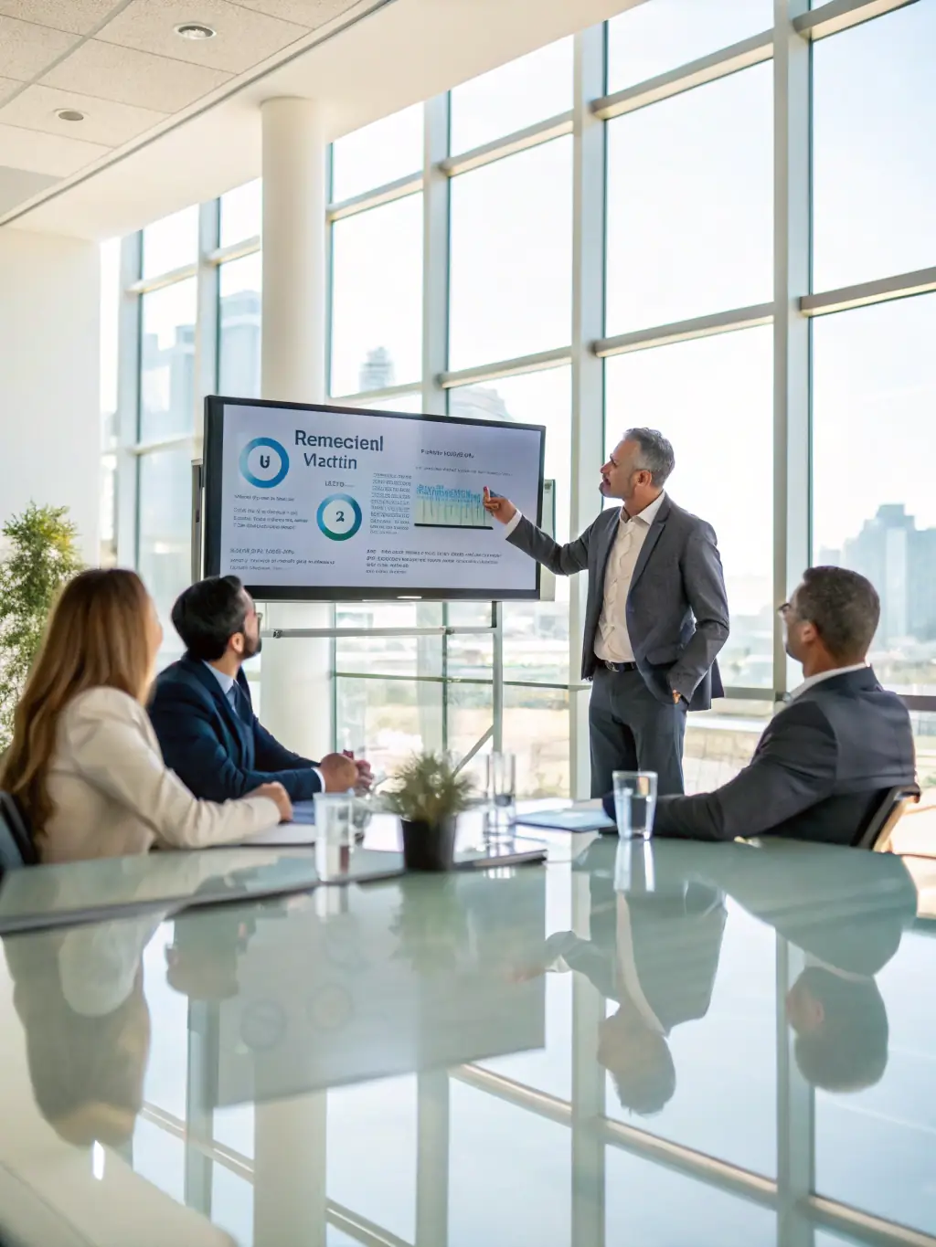 A consultant presenting a strategic technology roadmap on a digital screen to a client, emphasizing strategic technology consulting.