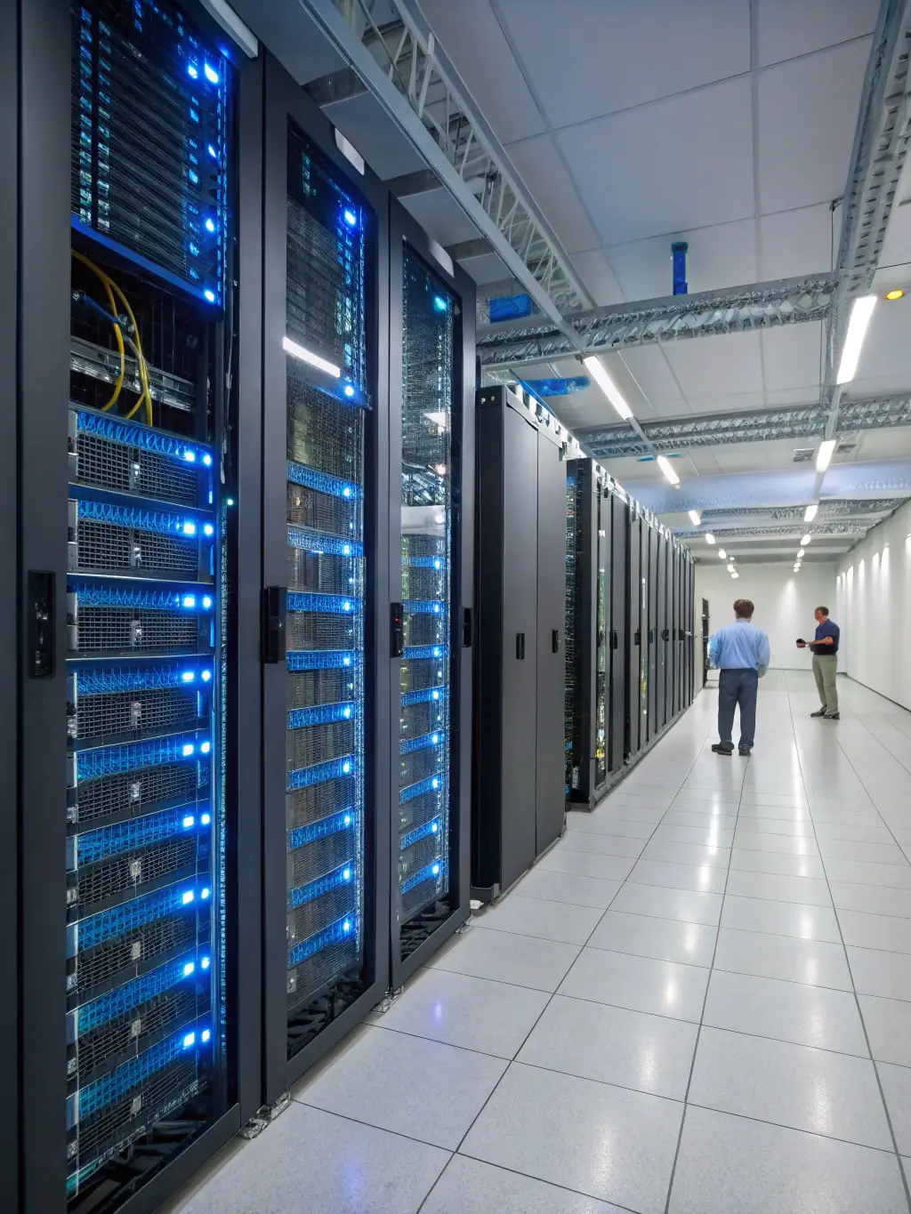 A detailed image of interconnected server racks in a modern data center, symbolizing technology infrastructure optimization.