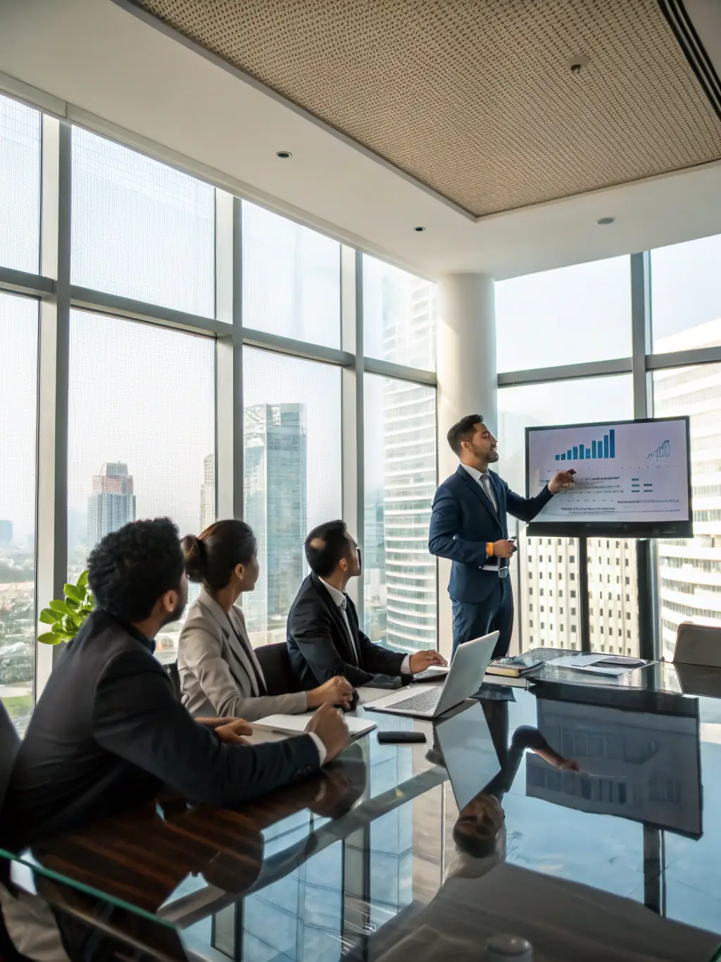 A visual representation of strategic technology consulting, showing a consultant advising a business team, with charts and graphs in the background, symbolizing informed decision-making.